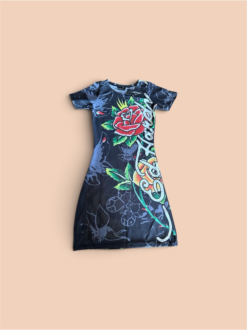 ED HARDY SWIM BLACK SKULL FITTED MESH DRESS ROSE NWT L